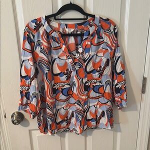 Crown & Ivy Orange and Blue Graphic 3/4 Sleeve Blouse